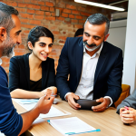 **

A diverse group of Turkish angel investors (male and female, various ages) meeting in a modern Istanbul co-working space. Some are reviewing documents, others are enthusiastically discussing ideas with a young Turkish tech entrepreneur presenting a mobile app prototype. The atmosphere is energetic and optimistic, with Turkish coffee and simit visible on the table. Focus on conveying the "protective angel" aspect.

**