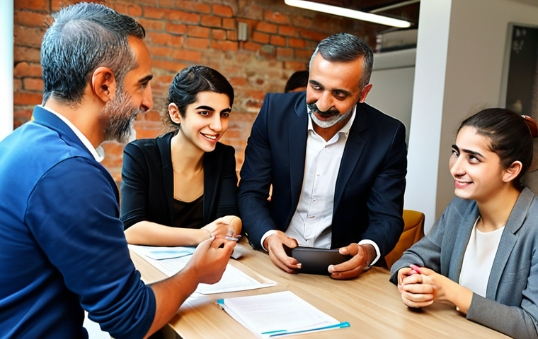 **
A diverse group of Turkish angel investors (male and female, various ages) meeting in a modern Istanbul co-working space. Some are reviewing documents, others are enthusiastically discussing ideas with a young Turkish tech entrepreneur presenting a mobile app prototype. The atmosphere is energetic and optimistic, with Turkish coffee and simit visible on the table. Focus on conveying the "protective angel" aspect.
**
