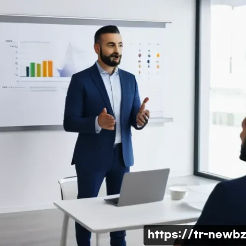 Home 11 성공적인 스타트업 피칭을 위한 스토리텔링 기법 - A professional business presentation scene in a modern Turkish startup office, featuring a confident...