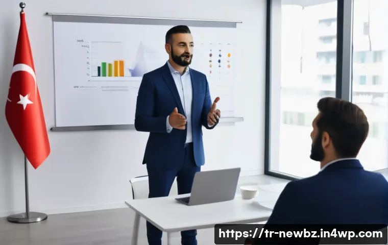 성공적인 스타트업 피칭을 위한 스토리텔링 기법 - A professional business presentation scene in a modern Turkish startup office, featuring a confident...