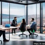 초기 스타트업을 위한 유망 산업 트렌드 - A modern Turkish startup office environment featuring a diverse group of young professionals collabo...