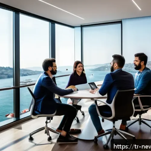 투자자들이 선호하는 스타트업의 특징 - A dynamic startup team meeting in a modern Istanbul office, featuring diverse professionals includin...